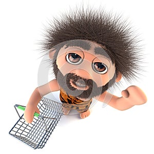 3d Funny cartoon stoneage caveman character holding a shopping basket