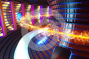 3D Render fusion reactor nuclear fusion, tokamak inside heated plasma, toroidal shape, clean energy. Copy space photo