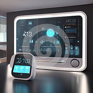 D render of a futuristic smart home interface, displaying real-time data