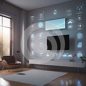 D render of a futuristic smart home interface, displaying real-time data