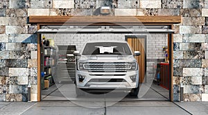 3d render of garage interior with open door and car in front.