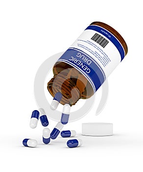 3D render of generic drug pills in bottle