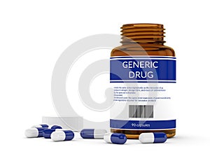 3D render of generic drug pills in bottle