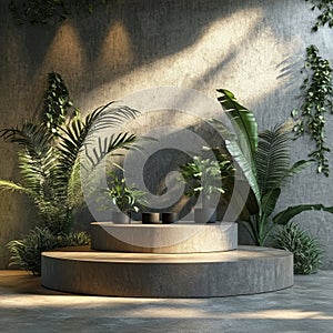 3d render of geometric podium with green plants and shadows on concrete wall