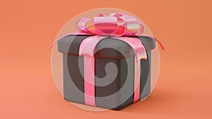 3D render gift box with ribbon, isolated black package with pink glossy bow. Holiday gift, bonus, prize, Christmas