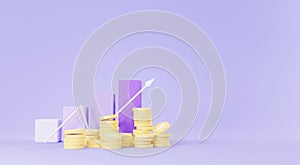 3d render of golden coins stack with growing bar graph in saving money for goal Concept. Minimal pastel scene. Growth financial
