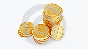 Golden Coins stack isolated on white background, percent coins stack