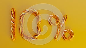 golden french baguettes forme ten percent sign on yellow background, special offer concept photo