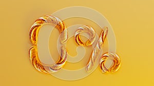 Golden french baguettes forme zero percent sign on yellow background, special offer concept photo