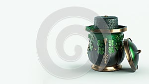 Golden And Green Antique Pot With Decorative Clover Leaves. St. Patrick's Day Concept