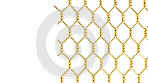 Golden metal fence mesh isolated on white background, gold metal wire fence template