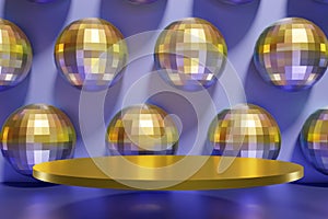 3d render of golden podium festive shiny dico balls pattern with a violet color photo