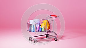 3D render of goods and trolley. Business online mobile and e-commerce on web shopping concept. Secure online payment transaction