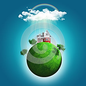 3D render of a grassy globe with a house and trees under rainbow