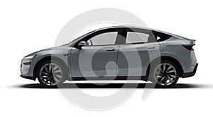 3D Render of a gray colored modern electric car, full left side view, white background