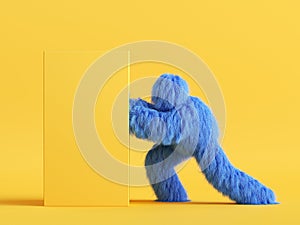 3d render, hairy Yeti cartoon character pushes the big heavy box, furry blue monster. Funny clip art isolated on yellow background