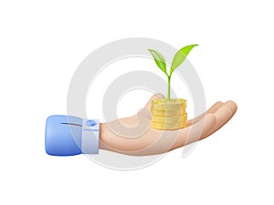 3D render hand with money and sprout