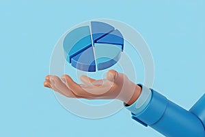 3D Render of a Hand Presenting a Pie Chart on a Blue Background