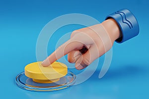 3D Render of a Hand Pressing a Yellow Button on a Blue Background