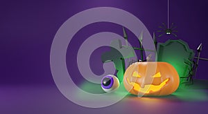 3d Render, Happy Halloween Day background with night scene and cute spooky design. Halloween pumpkins, skull, ghost and spider