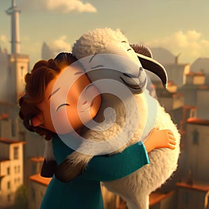 3D Render of A Happy Sheep Girl Hugging A Sheep Celebrating Eid Al Adha Feast photo