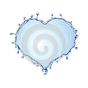 3d render. Heart shape water splash. Splashing blue liquid clip art isolated on white background