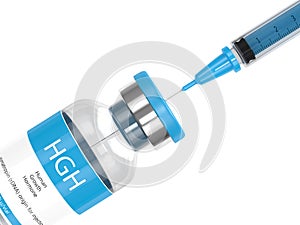 3d render of HGH vial with syringe over white