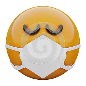 3D render of hissy fit yellow emoji face in medical mask protecting from coronavirus 2019-nCoV