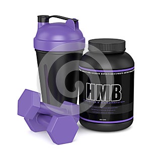 3d render of HMB container with shaker and dumbbells