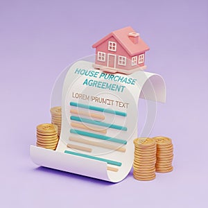 3D Render of House Purchase Agreement with Coins and Miniature House contract document