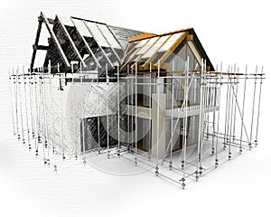 3D render of a house with scaffolding with half in sketch phase