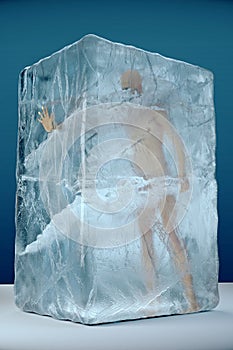 3d render of human frozen in big ice block with cracks and facets. Cryogenics extreme temperatures disaster storage photo