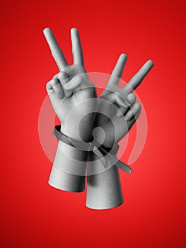 3d render, human hands tied with plastic zip ties, isolated on red background. Victory gesture. Rebellion and protest concept