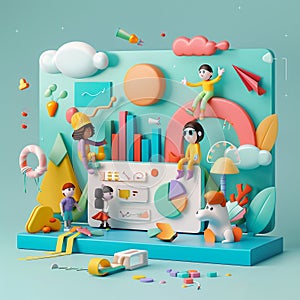 3D render icon Scatter plot with cute creatures interacting on a solid background icon 3d business