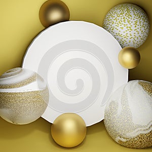 3d render illustration abstract sphere shape background with gold texture frame template