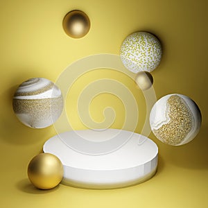3d render illustration abstract sphere shape background with gold texture podium template for presentation
