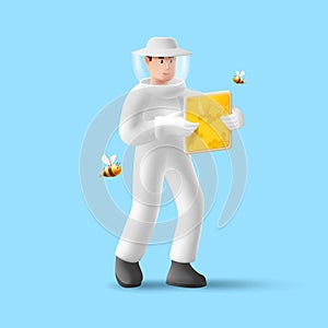 3d render illustration of beekeeper holding honeycombs with honey and bees flying around him, man a protective uniform