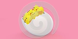 3d render illustration for easter, chicks are sitting in