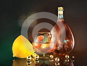 3d render illustration of lemon lime half cognac glass bottle and gold balls art still life in dark room
