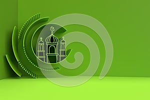 3D Render illustration of a Mosque Design with Ramadan kareen Text Eid Mubarak