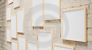 3D render illustration of multi size blank photo frames on the sand block bright wall. Empty picture frame mockup. View from side