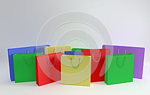 3D render illustration. Set of colorful paper shopping bags on white background. Concept of commercial business retail sale and