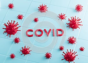 3d render illustration. Volumetric red inscriptione COVID and 3d model virus  . Concept, template design layout for combating the photo