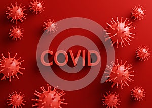 3d render illustration. Volumetric red inscriptione COVID and 3d model virus on a red background . Concept, template design layout
