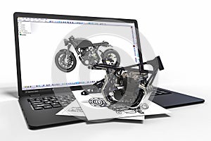Computer aided design with 3D software. motorcycle development with the help of a computer software