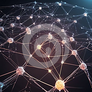 A 3D render of interconnected abstract nodes forming a web-like structure, glowing subtly against a deep space back