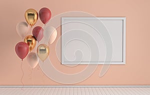 3d render interior with realistic golden, red and white balloons, mock up poster frame in the room. Empty space for party,
