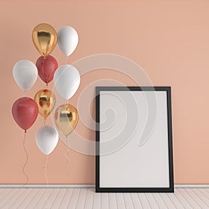 3d render interior with realistic golden, red and white balloons, mock up poster in the room. Empty space for party, promotion