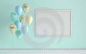 3d render interior with realistic pastel blue, yellow and green balloons, mock up poster in the room. Empty space for party,