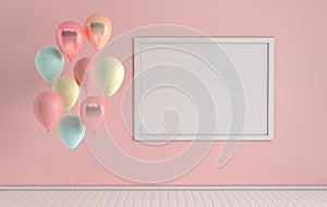 3d render interior with realistic pastel pink, white and green balloons, mock up poster in the room. Empty space for party,